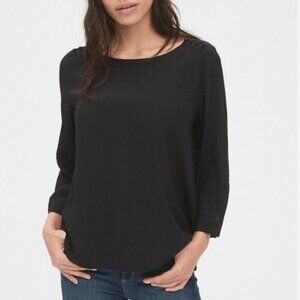 GAP Button-Shoulder Boatneck Top Light Flowy High Low Hem Blouse Black Sz L